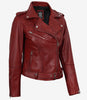 Veste en cuir asymétrique rouge style motard pour femme avec ceinture
