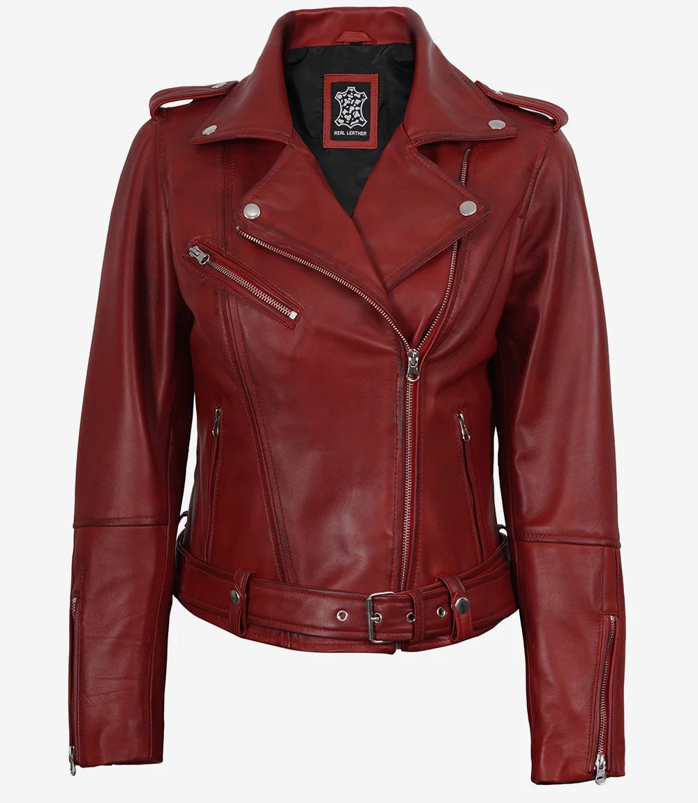 Veste en cuir asymétrique rouge style motard pour femme avec ceinture