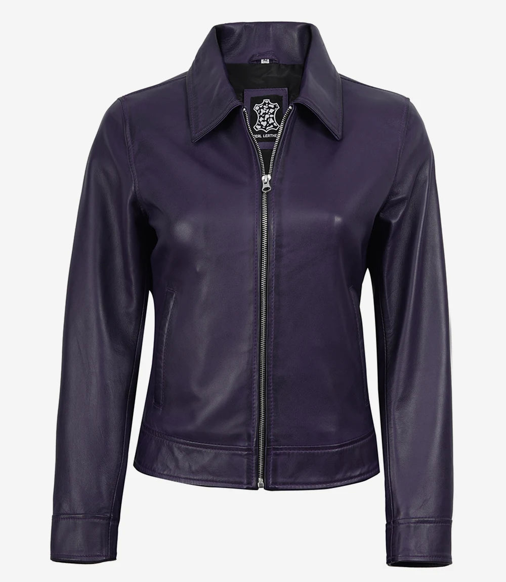 Women's Purple Waxed Shirt Collar Harrington Leather Jacket