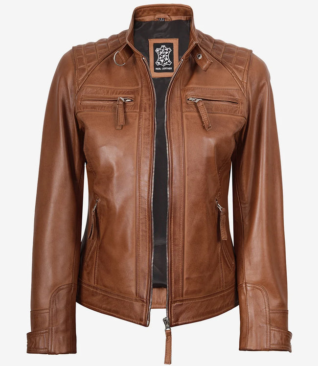 Veste style motard matelassée en cuir d'agneau véritable pour femme, couleur beige