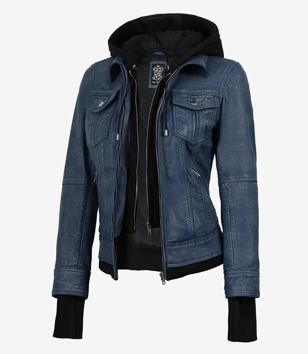 Blouson aviateur en cuir ciré cognac Tralee pour femme avec capuche amovible