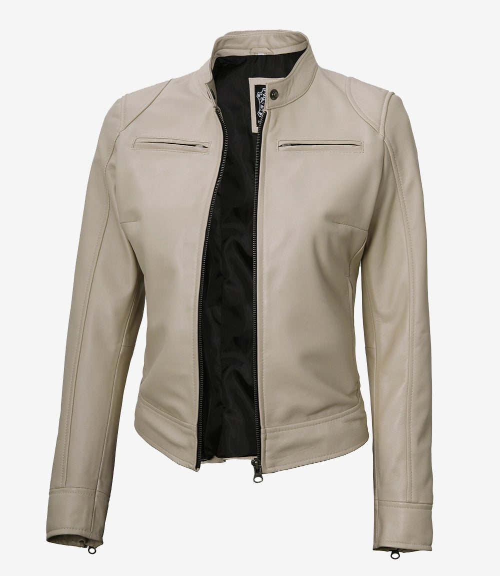 Womens Biker Racer Beige Leather Jacket