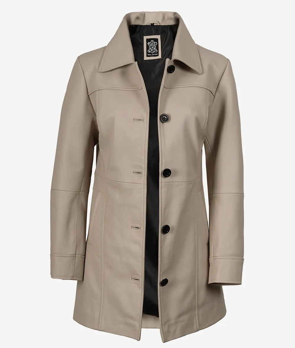Manteau 3/4 beige en cuir d'agneau véritable pour femme