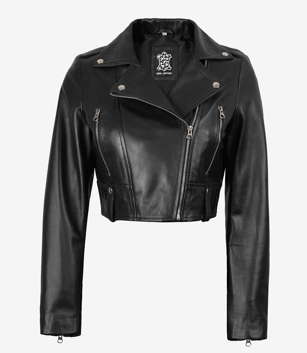 Womens Black Asymmetrical Cropped Leather Jacket