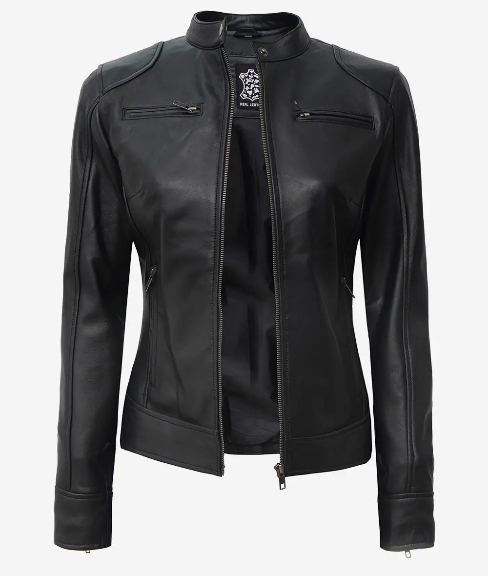Veste style motard en cuir d'agneau noir pour femme