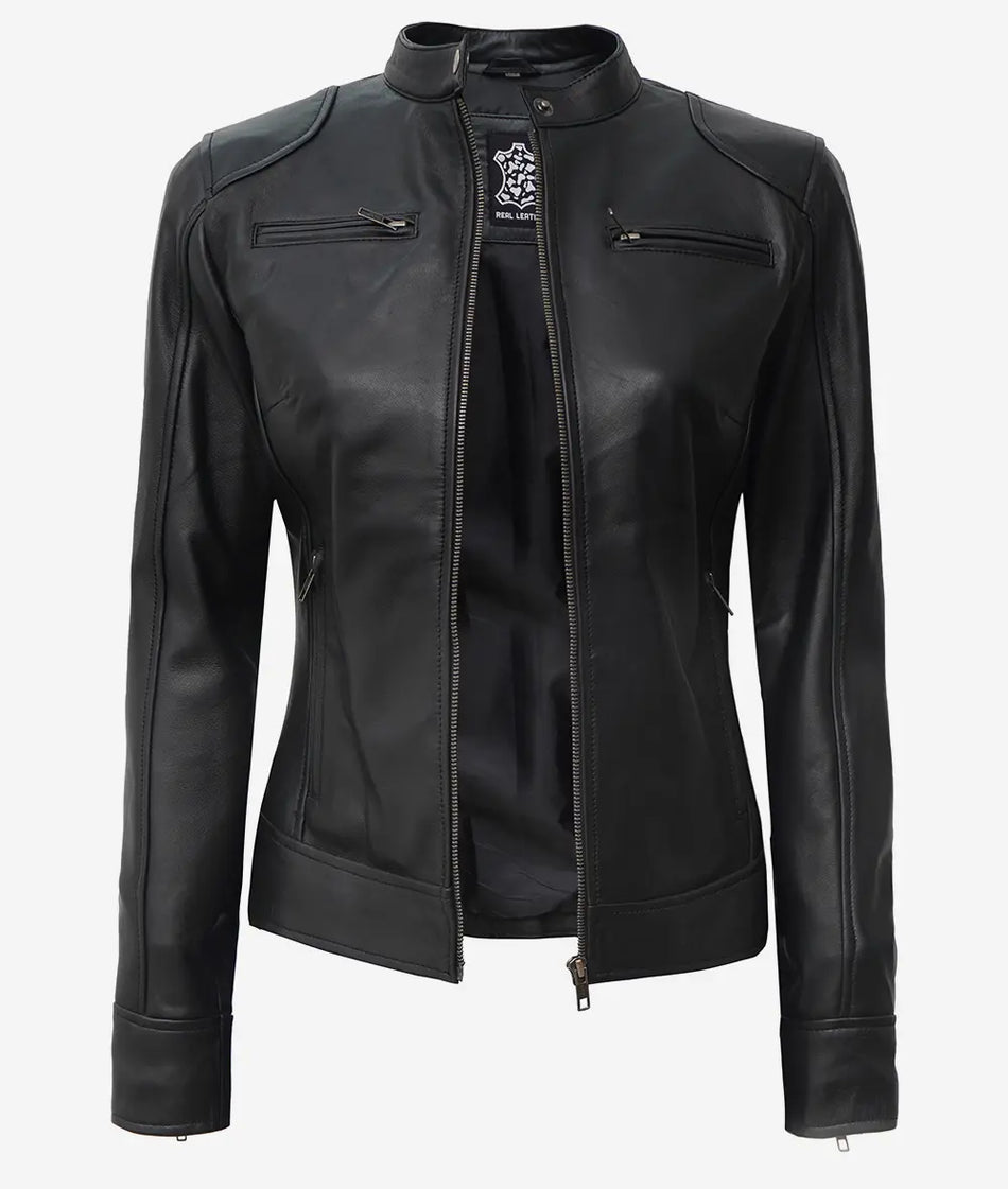 Veste style motard en cuir d'agneau noir pour femme
