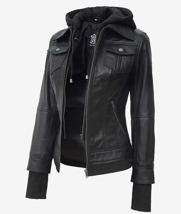 La Celeste : blouson aviateur en cuir noir pour femme avec capuche amovible