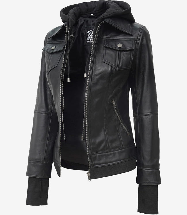 Womens Petite Black Bomber Hooded Leather Jacket