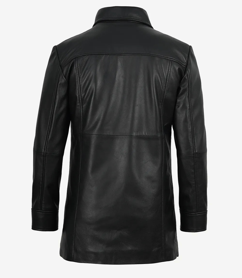 Men's Black 3/4 Length Button Down Leather Coat