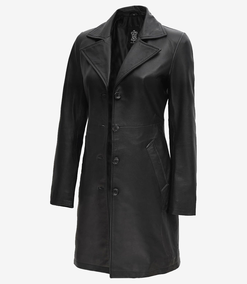 Womens Petite Wide Collar 3 Quarter Black Leather Coat