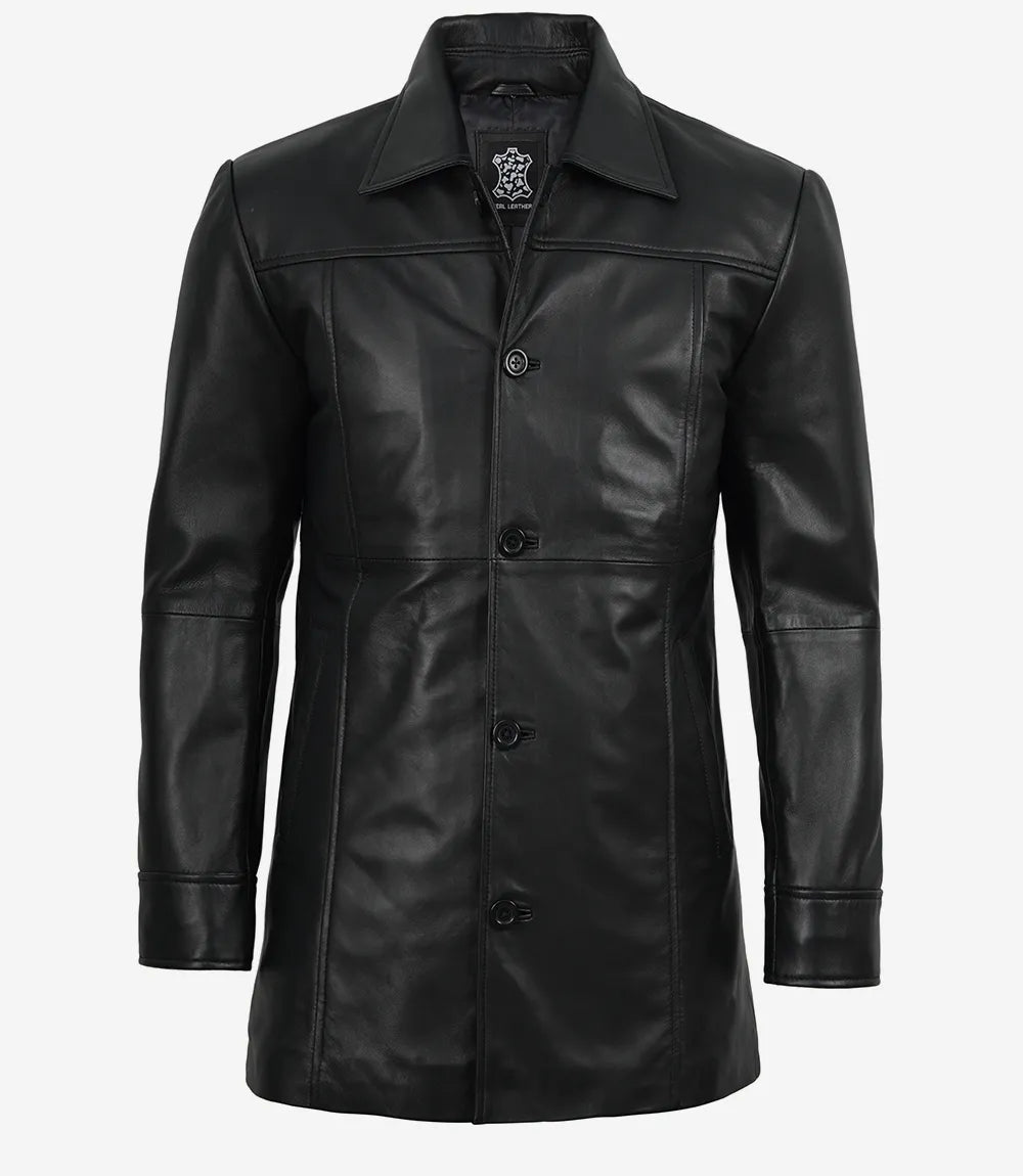 Men's Black 3/4 Length Button Down Leather Coat