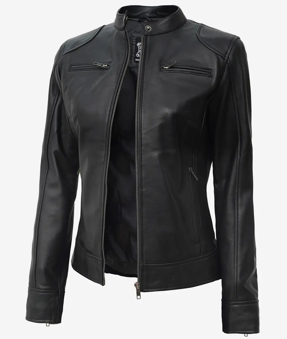 Veste style motard en cuir d'agneau noir pour femme
