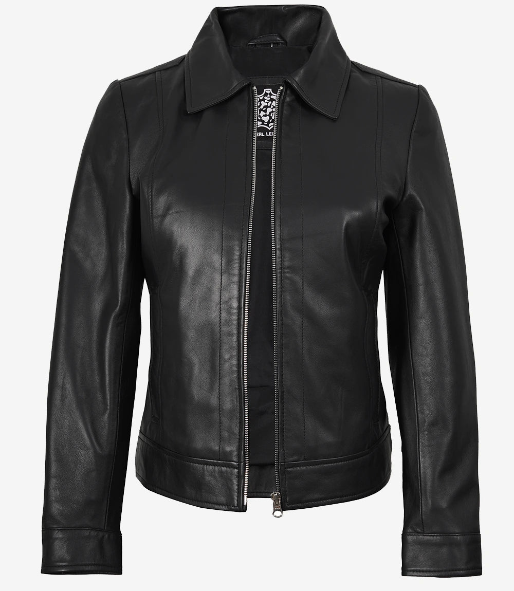 Veste en cuir noir à col chemise pour femme