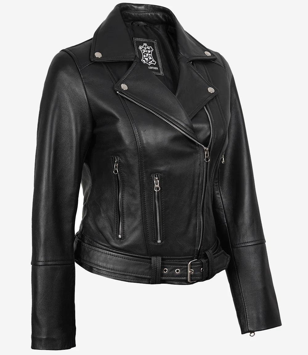 Veste de motard asymétrique en cuir noir avec ceinture pour femme