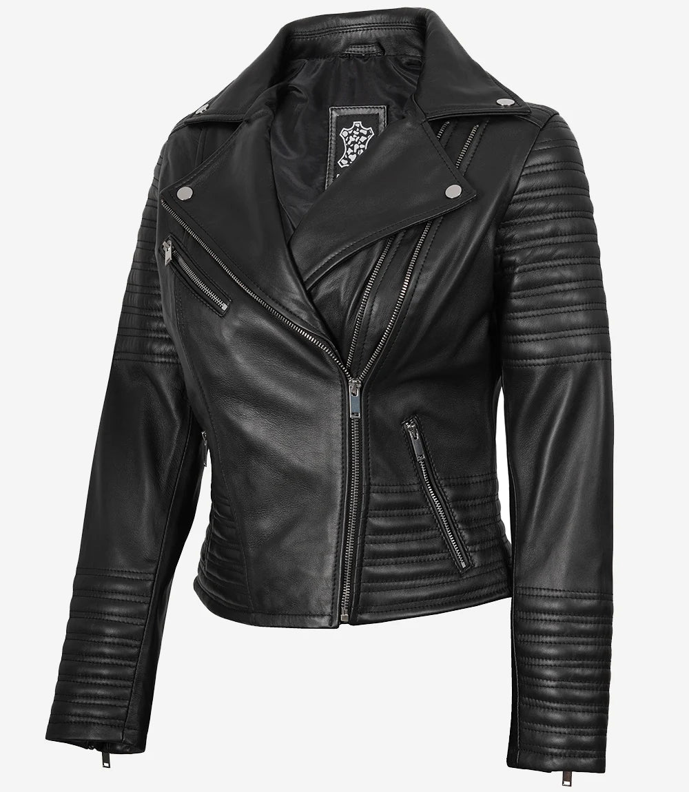 Veste motard asymétrique noire en cuir premium pour femme – (plus que quelques exemplaires)