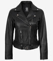 Veste de motard asymétrique en cuir noir avec ceinture pour femme