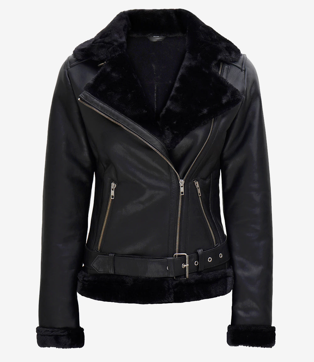 Womens Black Asymmetrical Shearling Leather Jacket