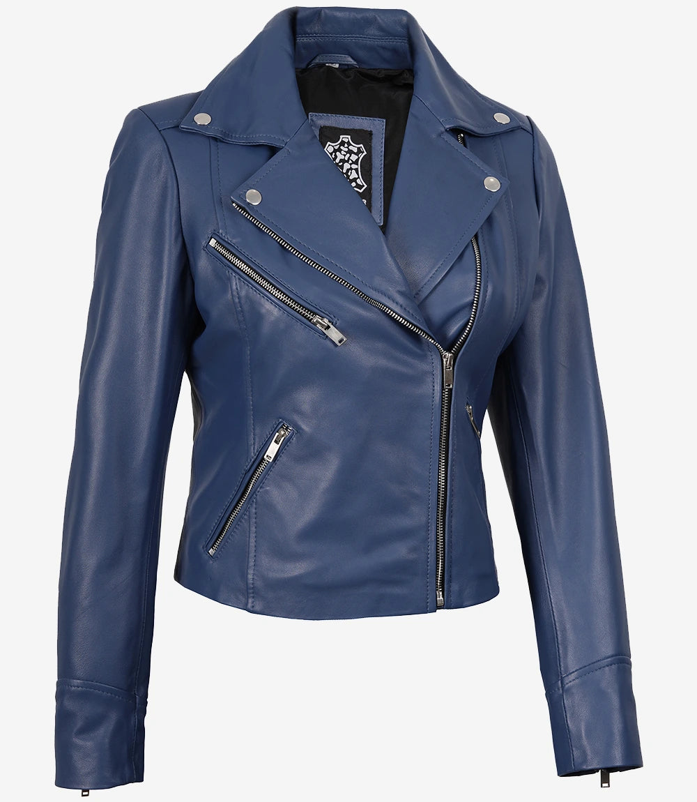 Veste motard bleue en cuir d'agneau véritable pour femme