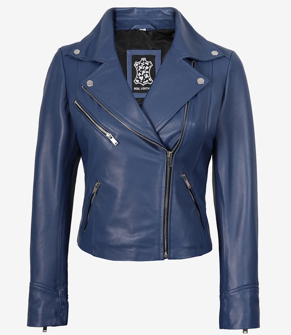 Veste motard bleue en cuir d'agneau véritable pour femme
