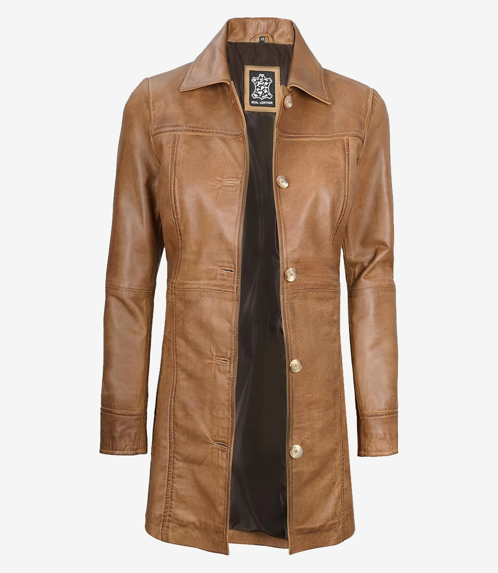 Womens Real Leather Camel Brown Coat