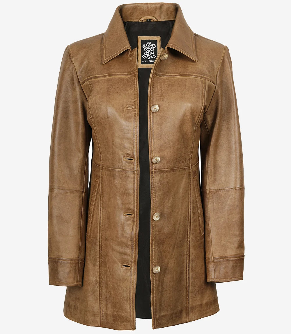 Manteau en cuir véritable marron camel pour femme