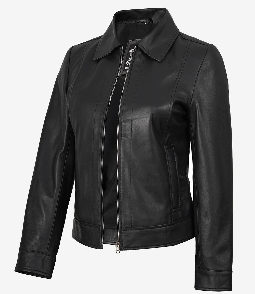 Veste en cuir noir à col chemise pour femme