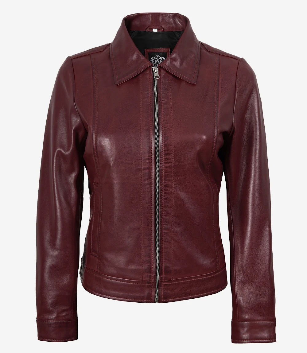 Veste en cuir marron à col chemise pour femme