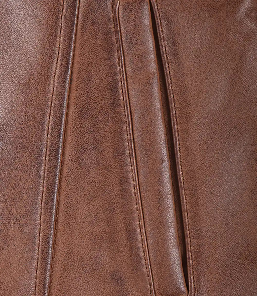 Manteau en cuir cognac à col chemise pour femme - Longueur 3/4