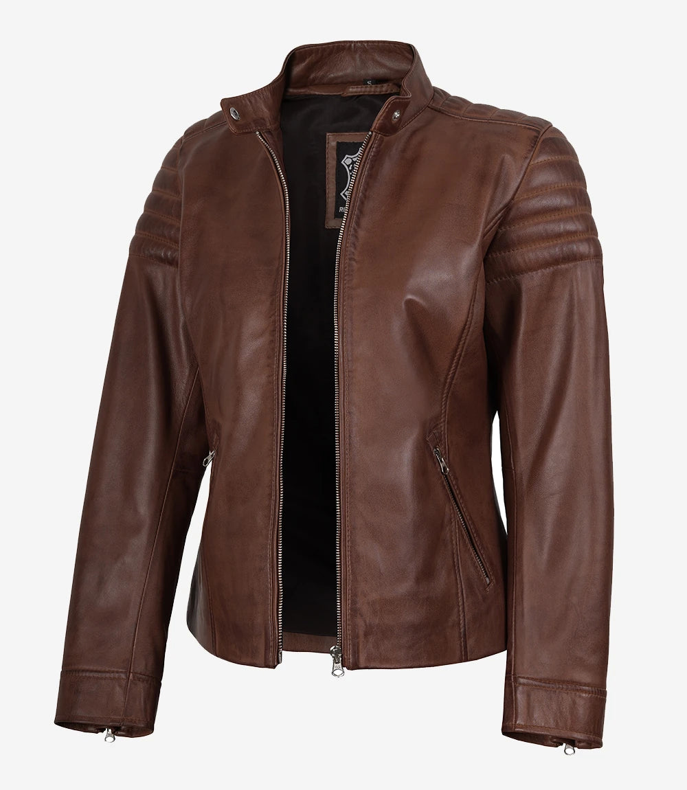 Cognac Cafe Racer Leather Jacket Women