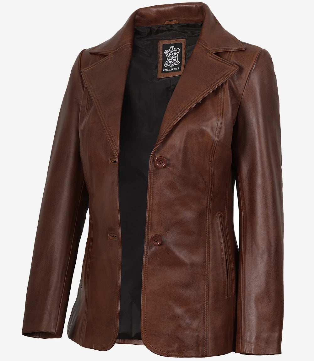 Womens Cognac Leather Blazer Jacket
