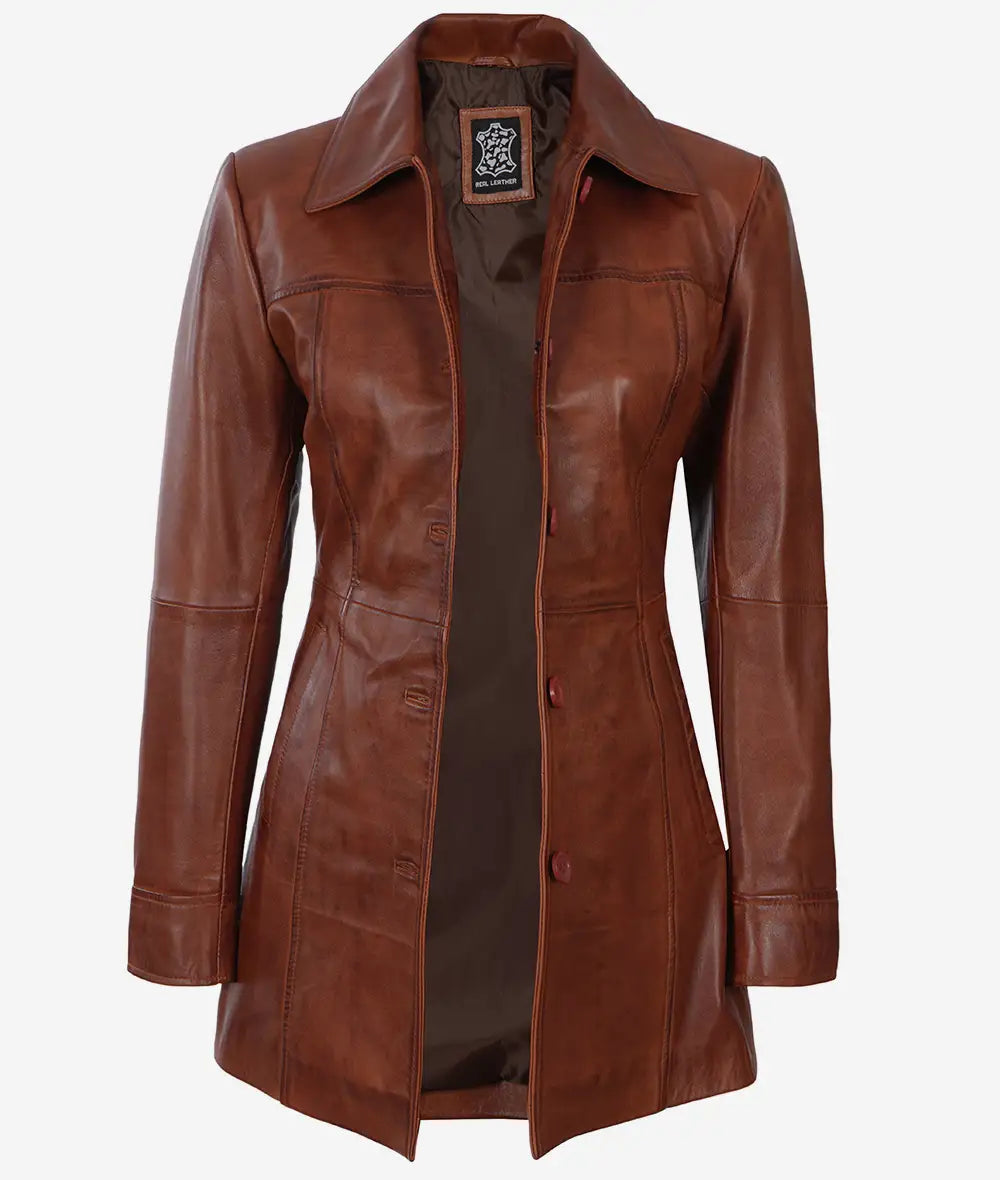 Womens Petite Cognac 3 Quarter Leather Coat