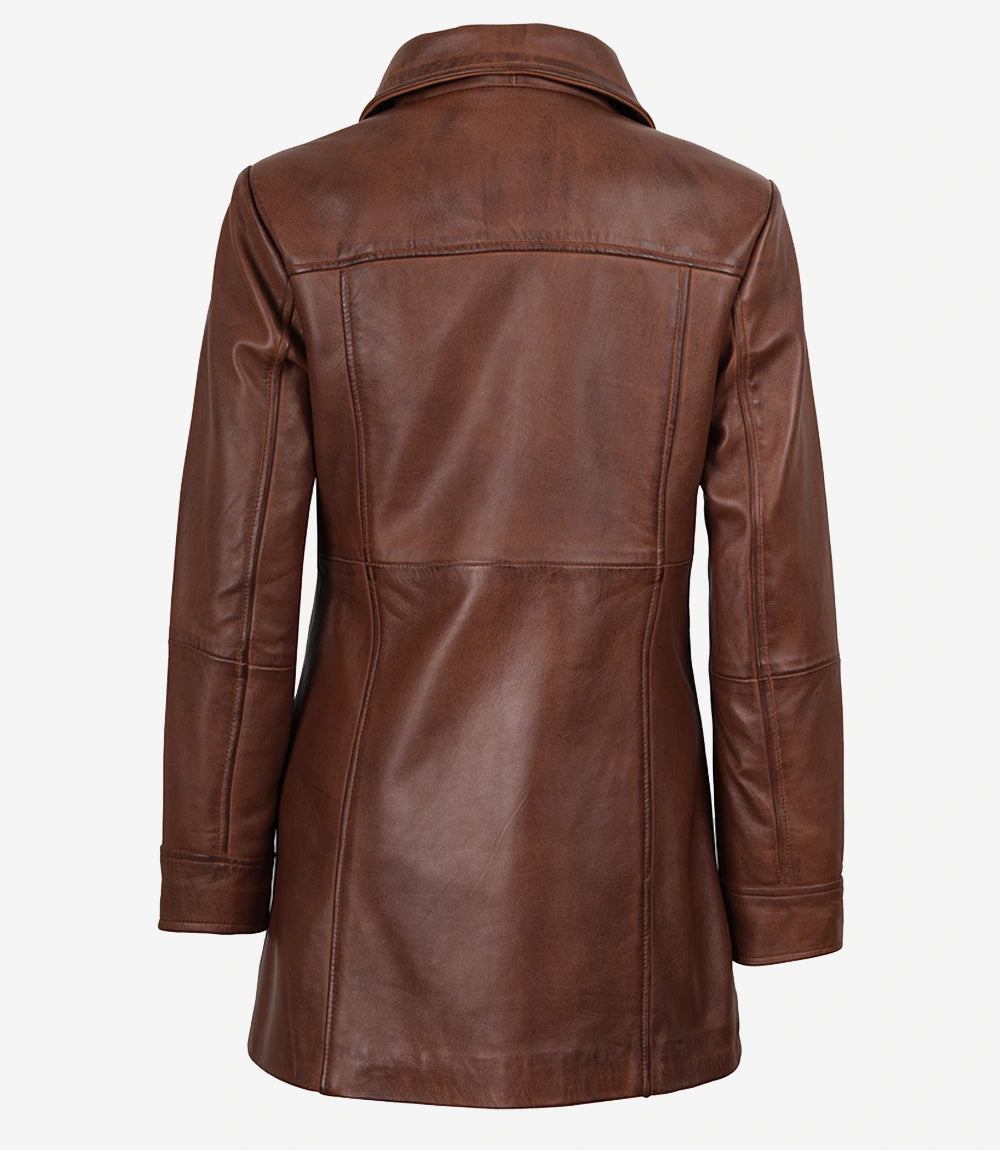 Women's Petite Brown Wax Real Leather Car Coat