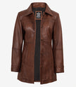Women's Petite Brown Wax Real Leather Car Coat