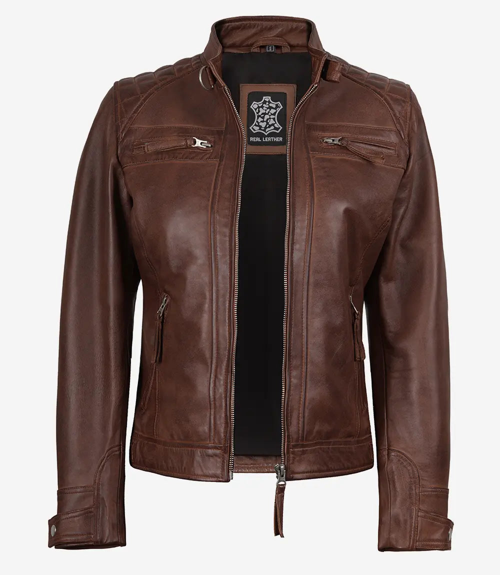 Womens Cognac Real Leather Motorcycle Jacket