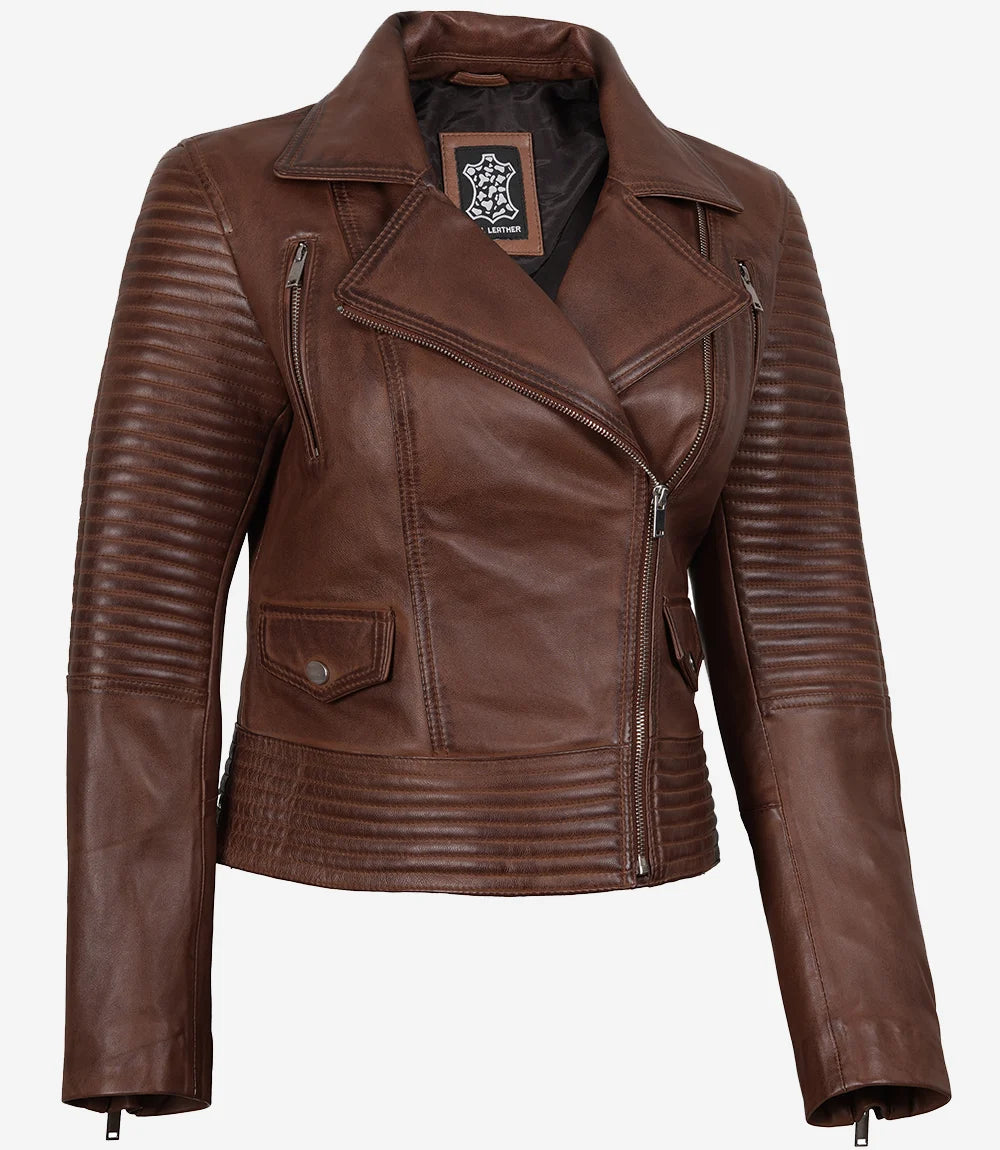 Womens Cognac Asymmertical Moto Leather Jacket