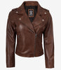 Veste en cuir style motard asymétrique cognac effet vieilli pour femme