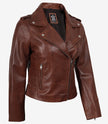 Veste en cuir style motard asymétrique cognac effet vieilli pour femme