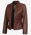 Veste style motard en cuir cognac pour femme