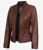 Veste style motard en cuir cognac pour femme