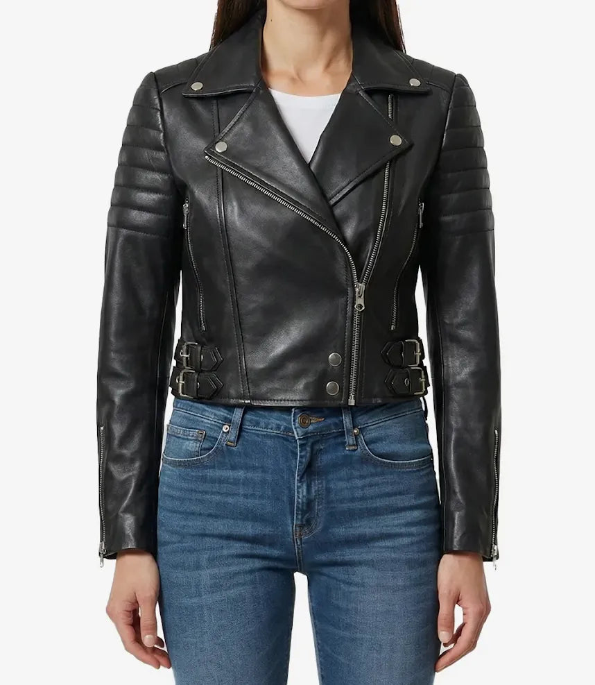 Femme Veste en cuir noir courte asymétrique style motard