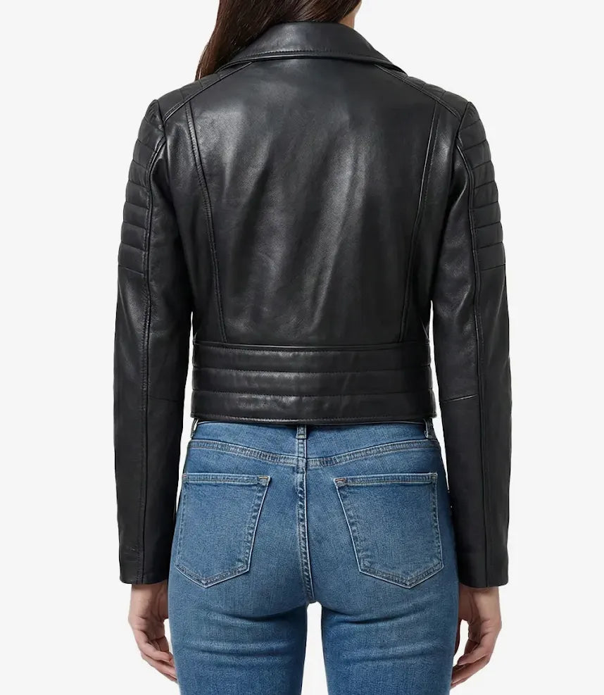 Femme Veste en cuir noir courte asymétrique style motard