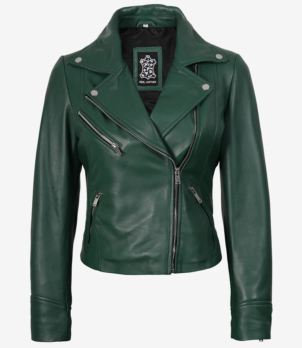 Veste motard verte en cuir d'agneau véritable pour femme