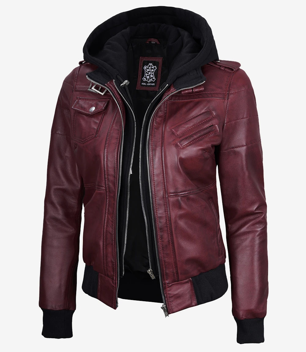 Womens Maroon Hooded Bomber Leather Jacket