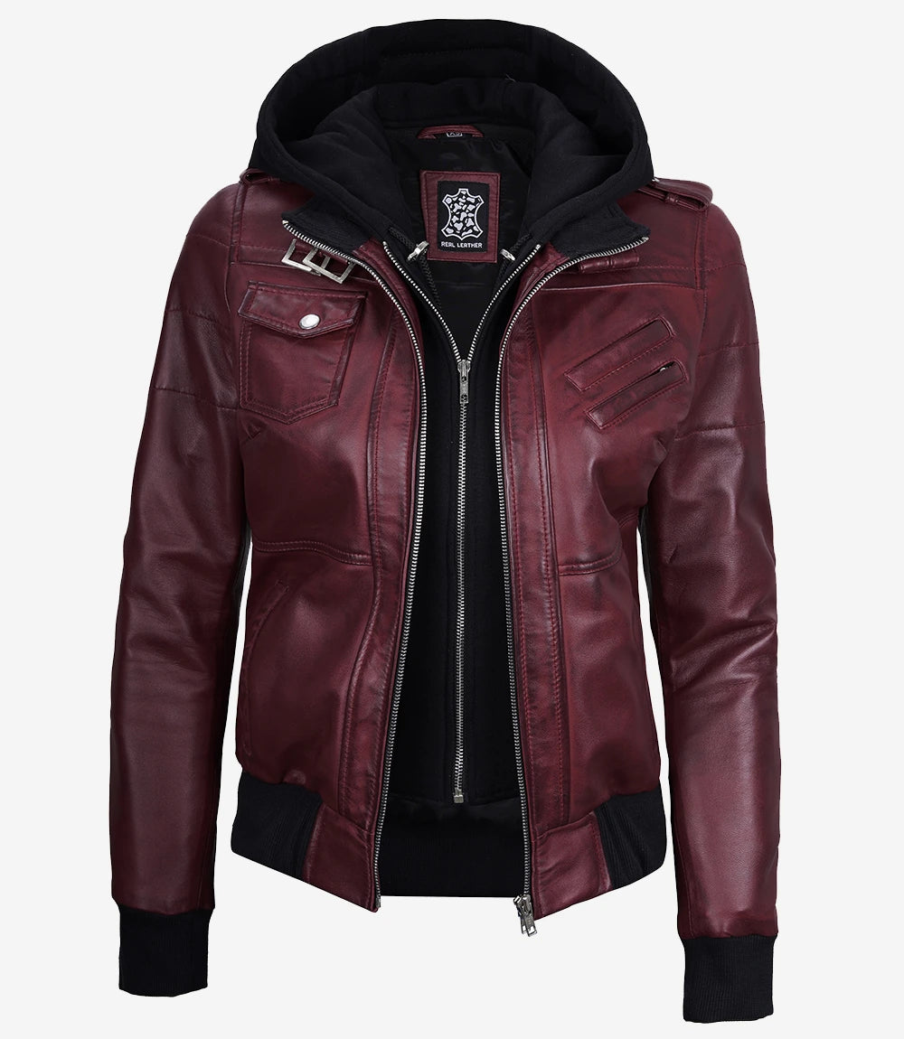 Womens Maroon Hooded Bomber Leather Jacket