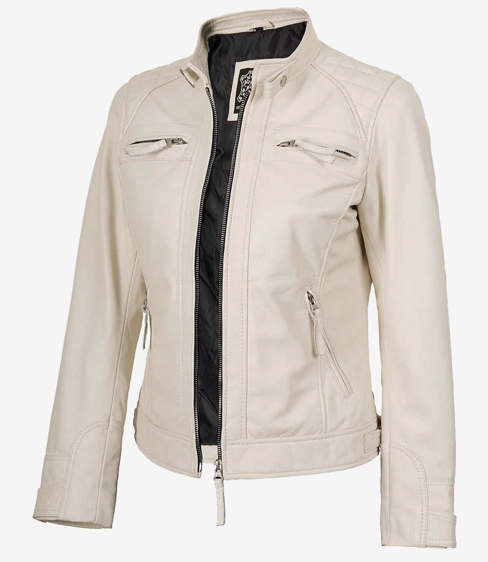 Veste motard matelassée en cuir d'agneau véritable pour femme, blanc cassé