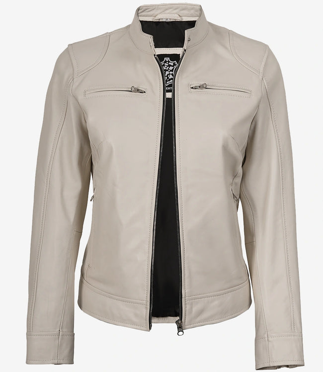 Veste en cuir style motard blanc cassé pour femme