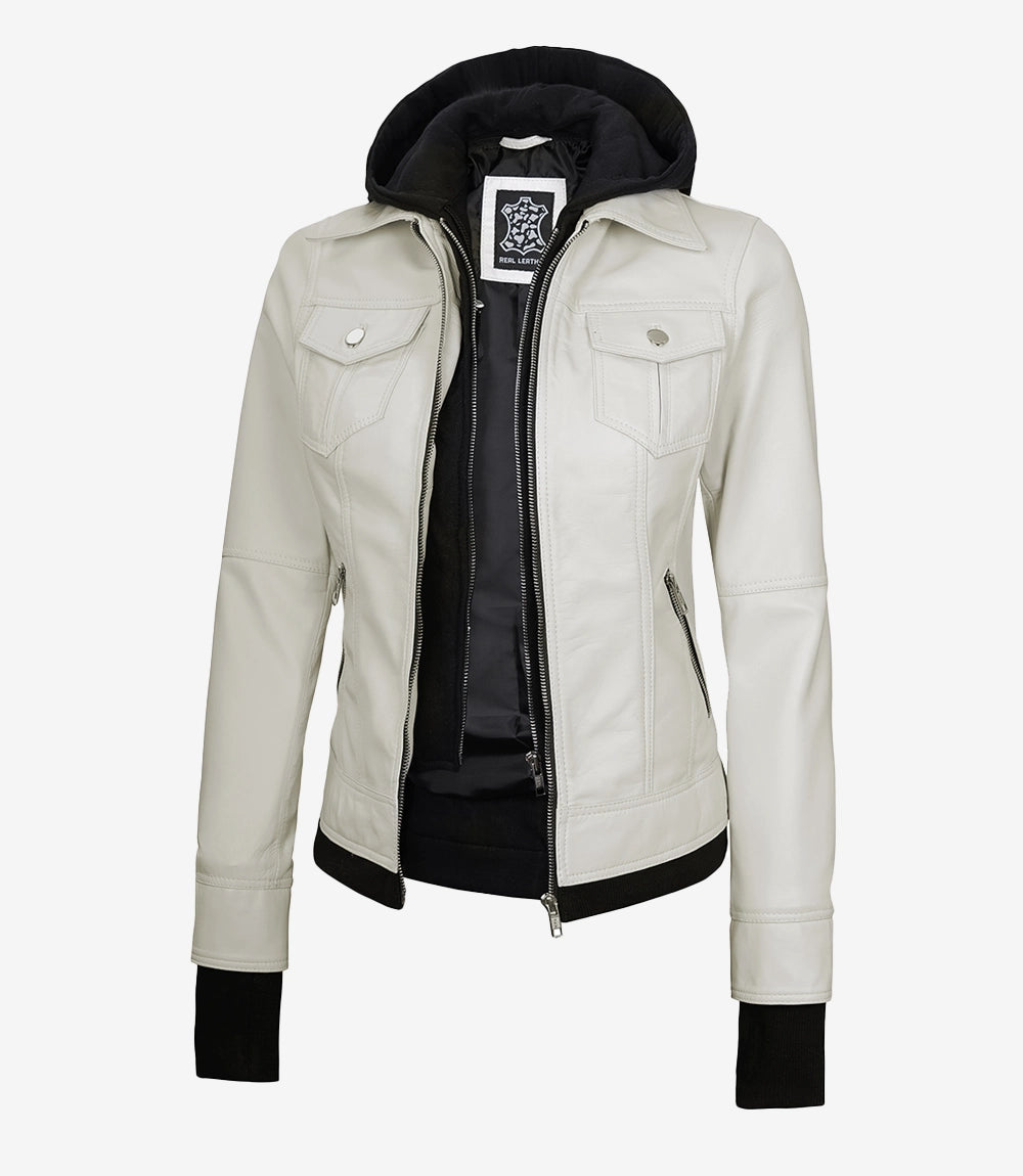 Womens White Bomber Leather Jacket with Removable Hood
