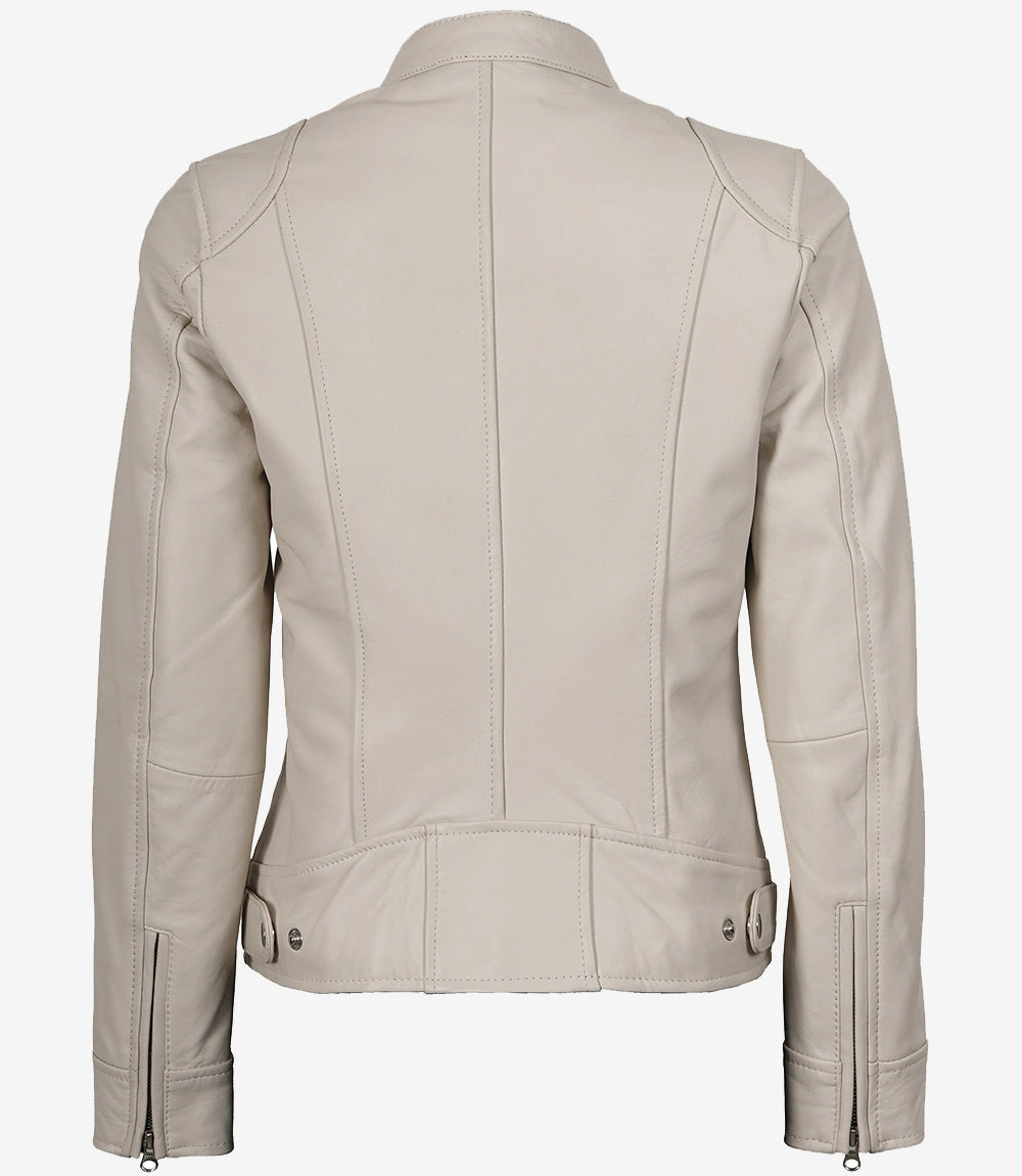 Veste en cuir style motard blanc cassé pour femme