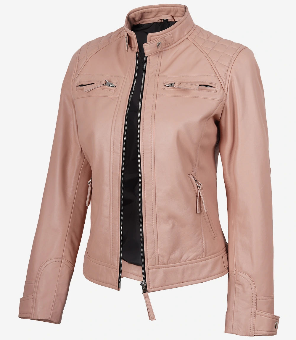 Veste en cuir rose style motard pour femme - Épaules matelassées