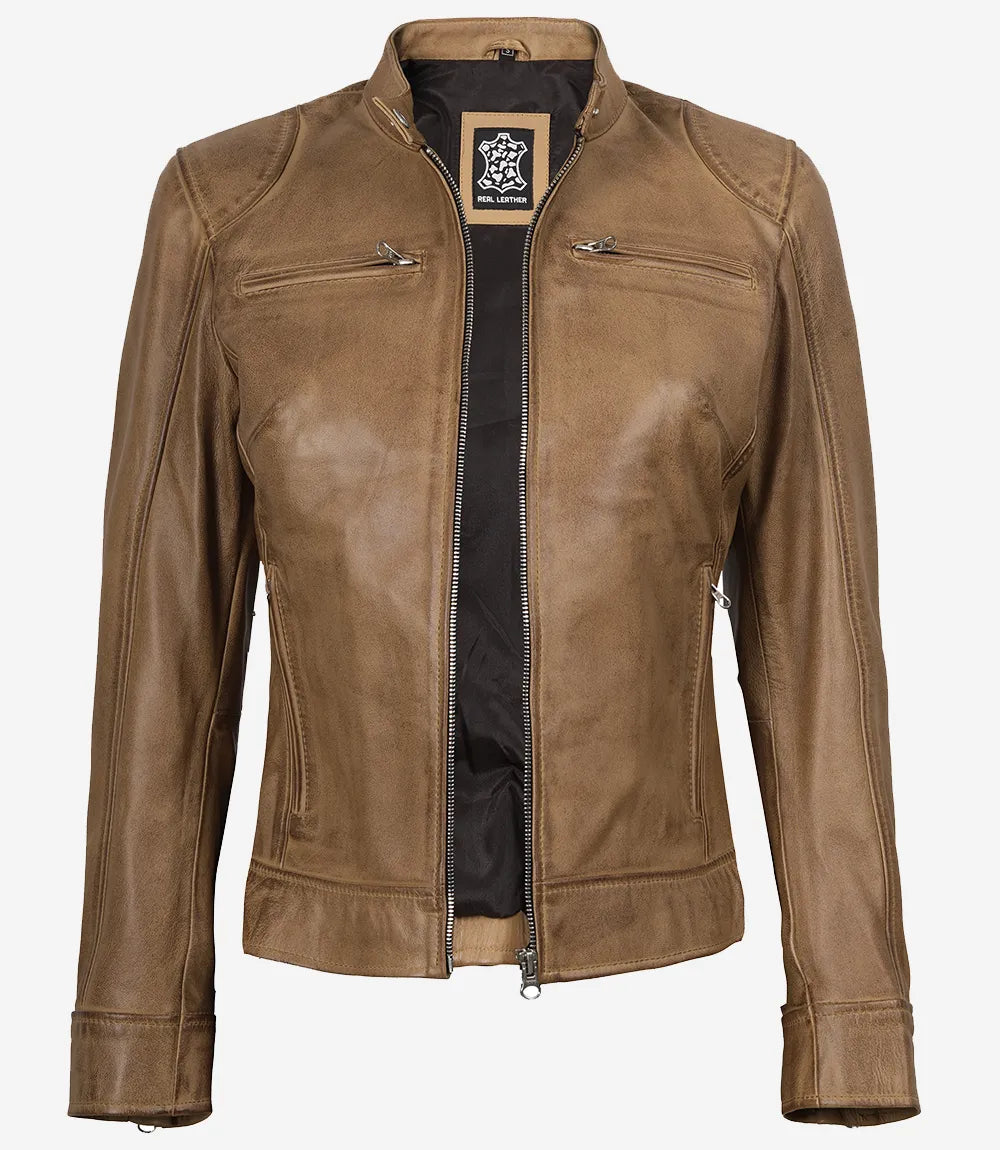Womens Real Leather Camel Brown Moto Jacket
